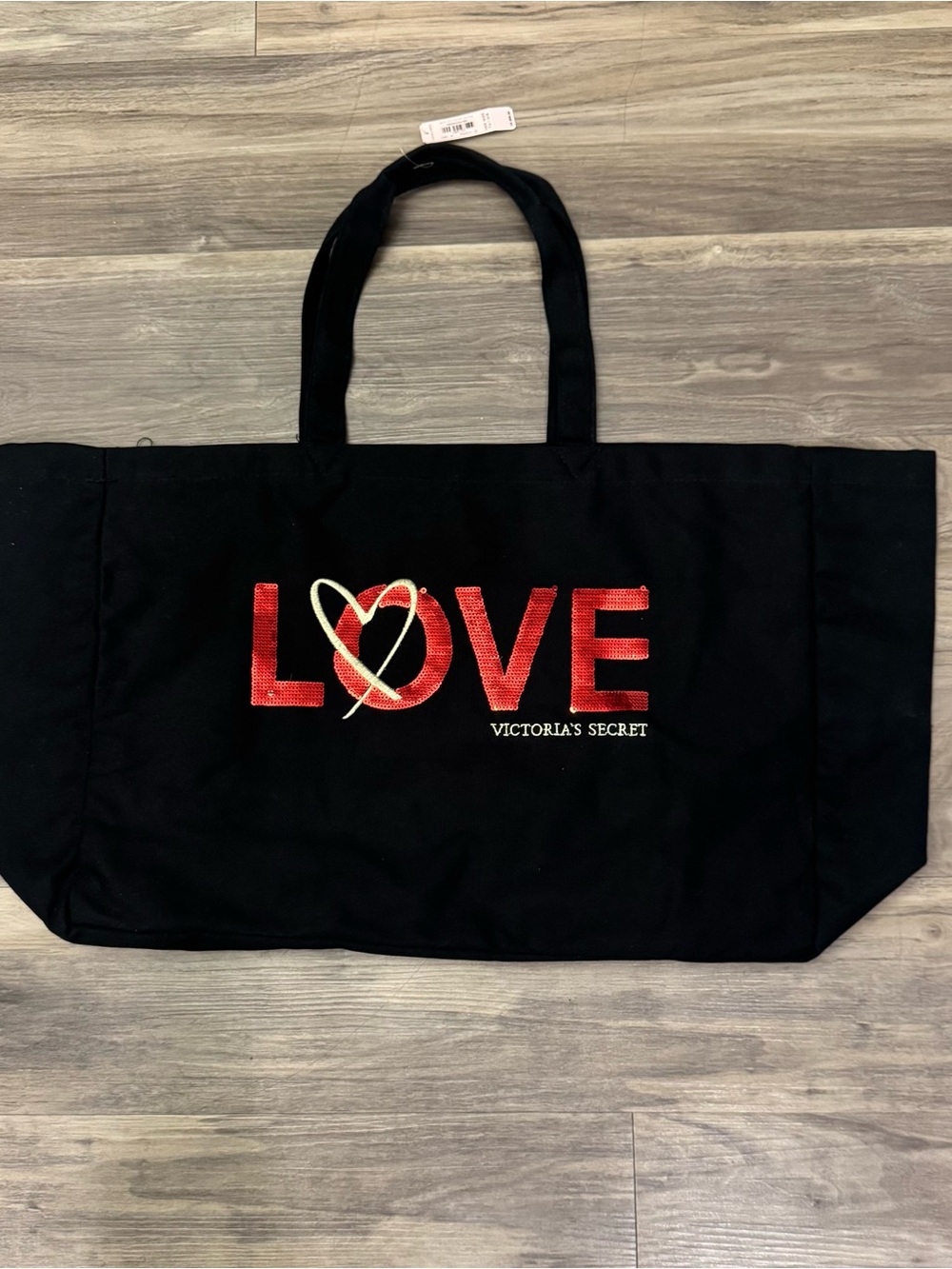 Victoria's Secret Black Tote with Red Sequin LOVE and Gold Heart Detail